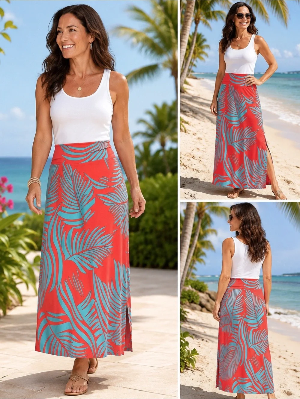 Kim & Co Tropical Palm Print Maxi Skirt Papaya Turquoise XL Made in Canada - Picture 1 of 7